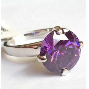 Silver Amethyst Cocktail Ring Size 8 Purple Cubic Zirconia Rhodium Plated